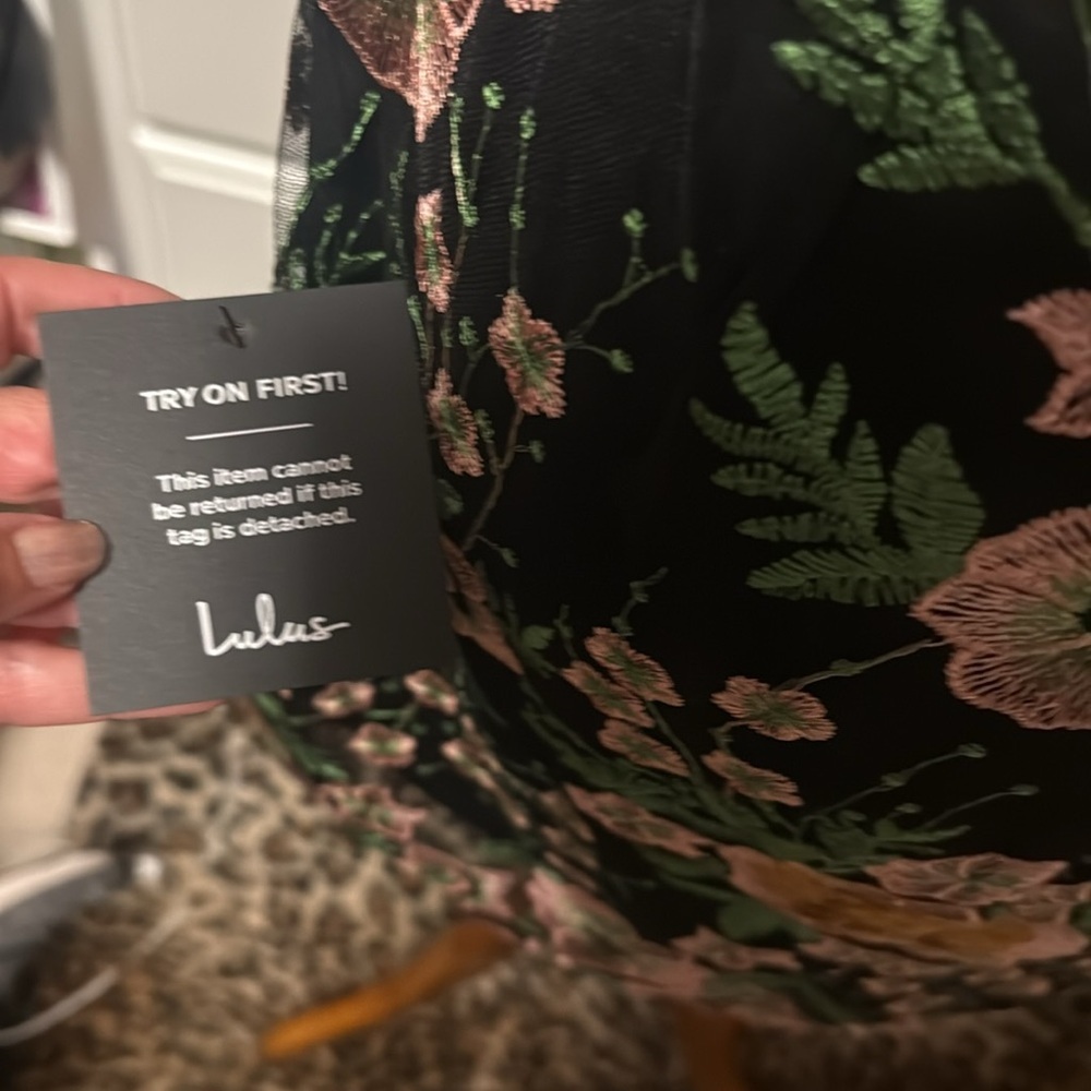 Lulu's Floral Embroidered Black Dress, fully lined, new, small - Picture 10 of 14